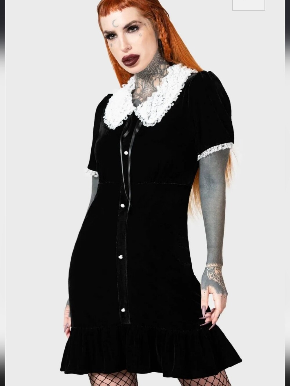 Killstar Black Velvet Mini Dress with White Lace Collar